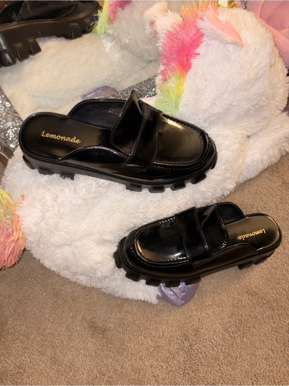 Black Patent Chunky Sole Mule Loafers